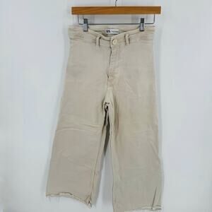 Zara Tan High Rise Marine Wide Leg Cropped Denim Jeans Raw Hem Size 8 Sailor